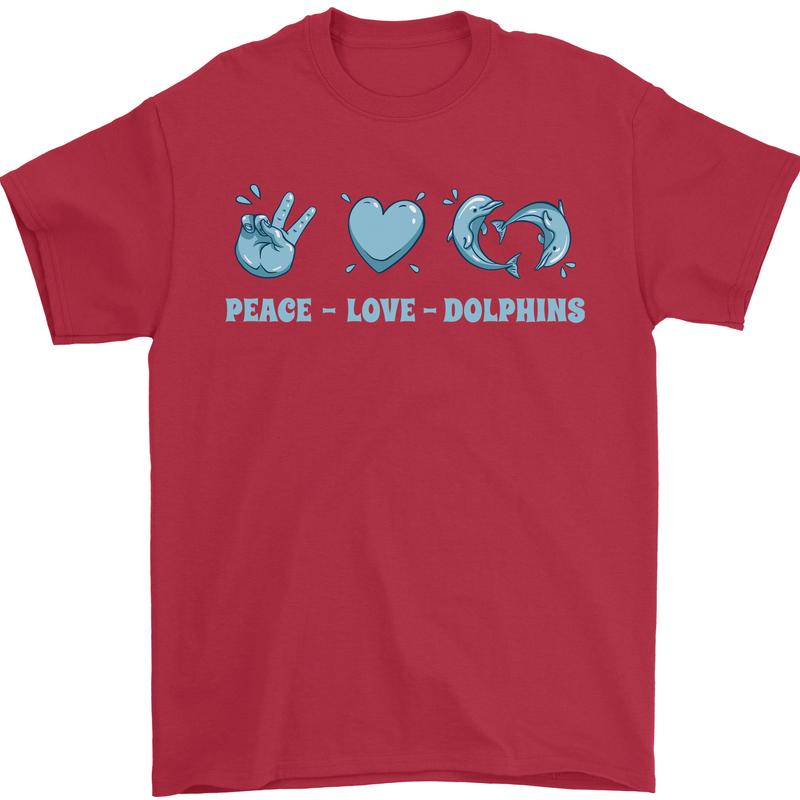 Peace Love Dolphins Sea life Mens T-Shirt 100% Cotton Red