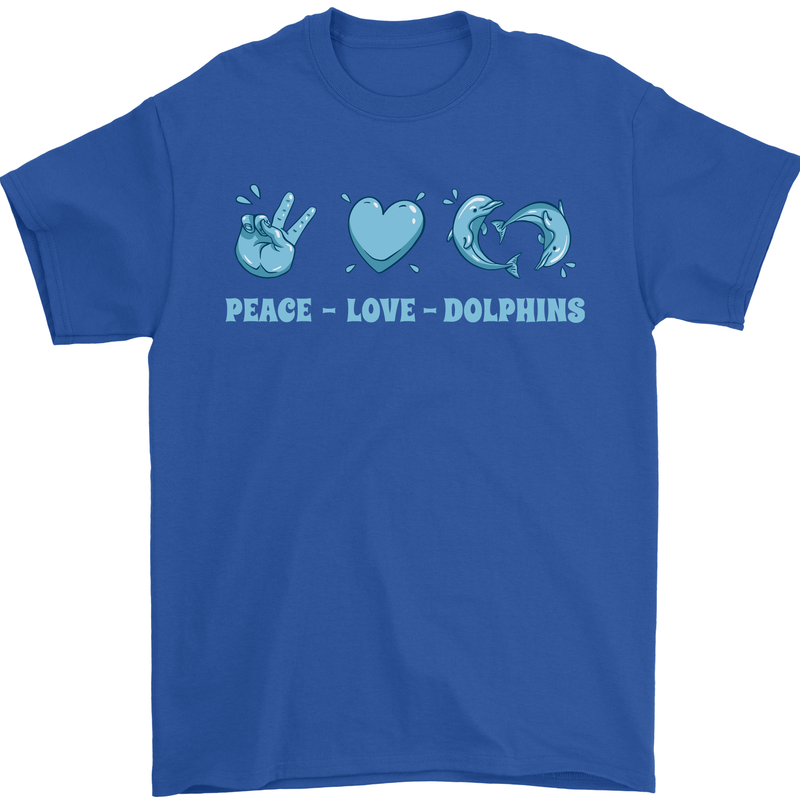 Peace Love Dolphins Sea life Mens T-Shirt 100% Cotton Royal Blue