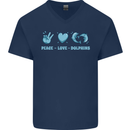 Peace Love Dolphins Sea life Mens V-Neck Cotton T-Shirt Navy Blue