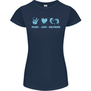 Peace Love Dolphins Sea life Womens Petite Cut T-Shirt Navy Blue