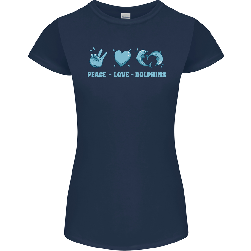 Peace Love Dolphins Sea life Womens Petite Cut T-Shirt Navy Blue