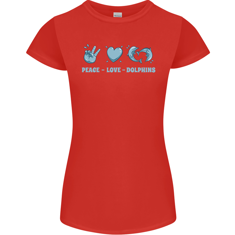 Peace Love Dolphins Sea life Womens Petite Cut T-Shirt Red