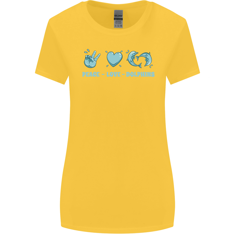 Peace Love Dolphins Sea life Womens Wider Cut T-Shirt Yellow