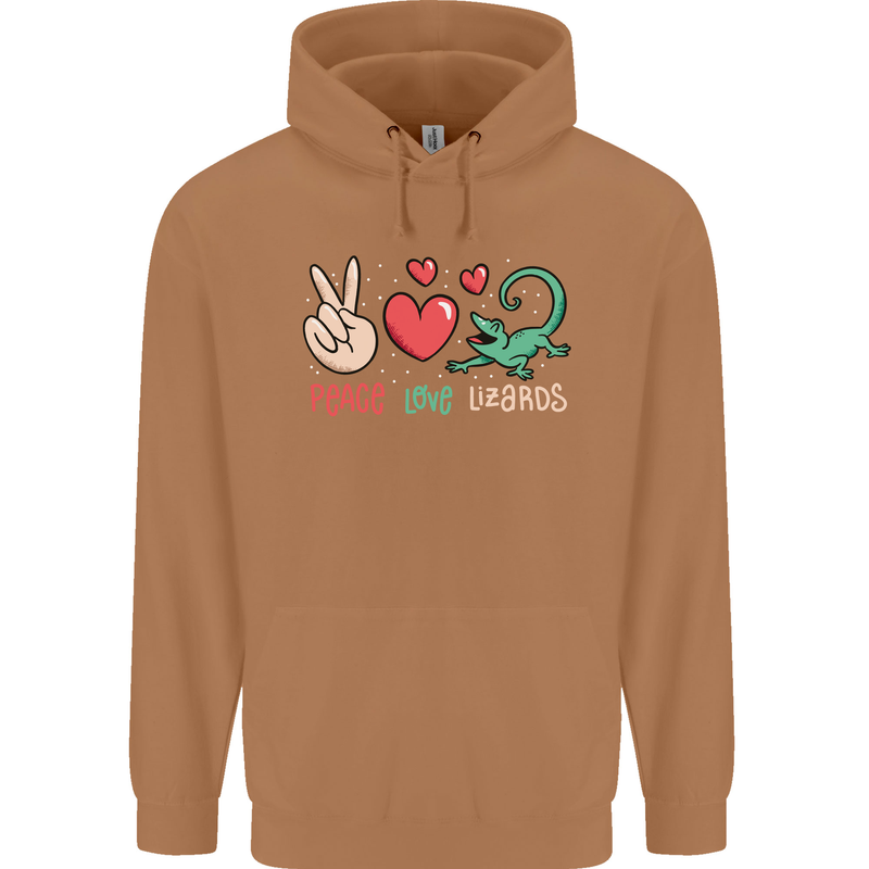 Peace Love Lizards Funny Gekko Iguana Mens 80% Cotton Hoodie Caramel Latte