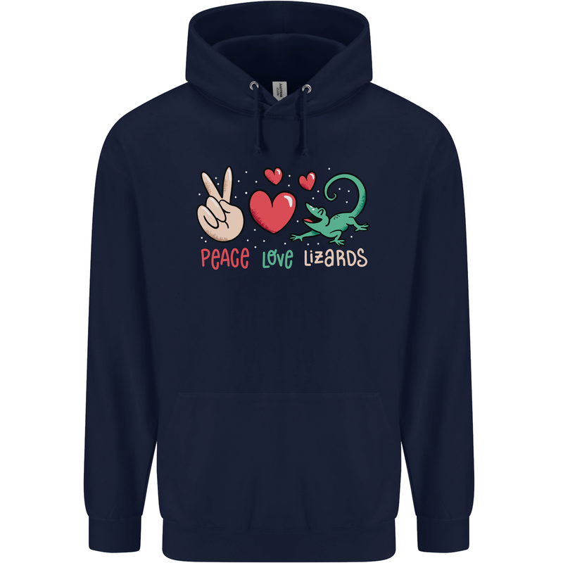 Peace Love Lizards Funny Gekko Iguana Mens 80% Cotton Hoodie Navy Blue