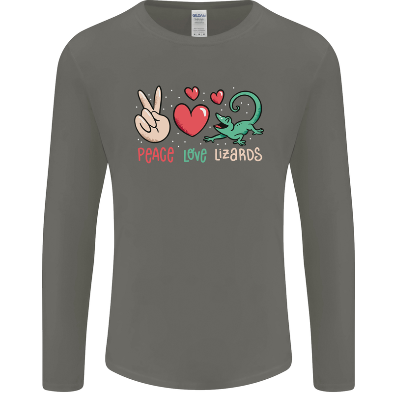 Peace Love Lizards Funny Gekko Iguana Mens Long Sleeve T-Shirt Charcoal