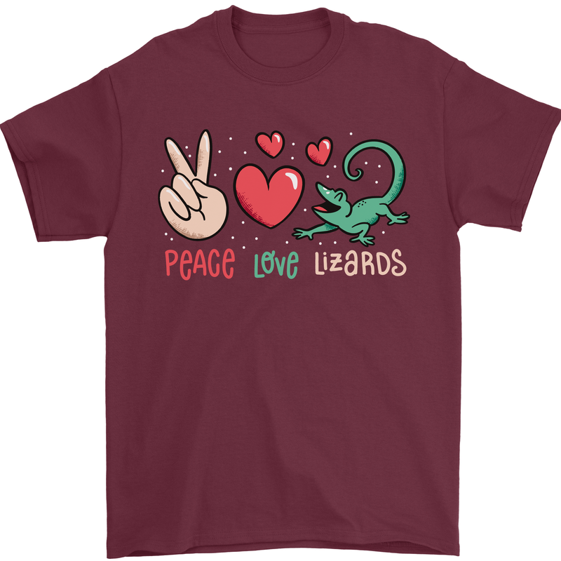 Peace Love Lizards Funny Gekko Iguana Mens T-Shirt Cotton Gildan Maroon