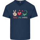 Peace Love Lizards Funny Gekko Iguana Mens V-Neck Cotton T-Shirt Navy Blue