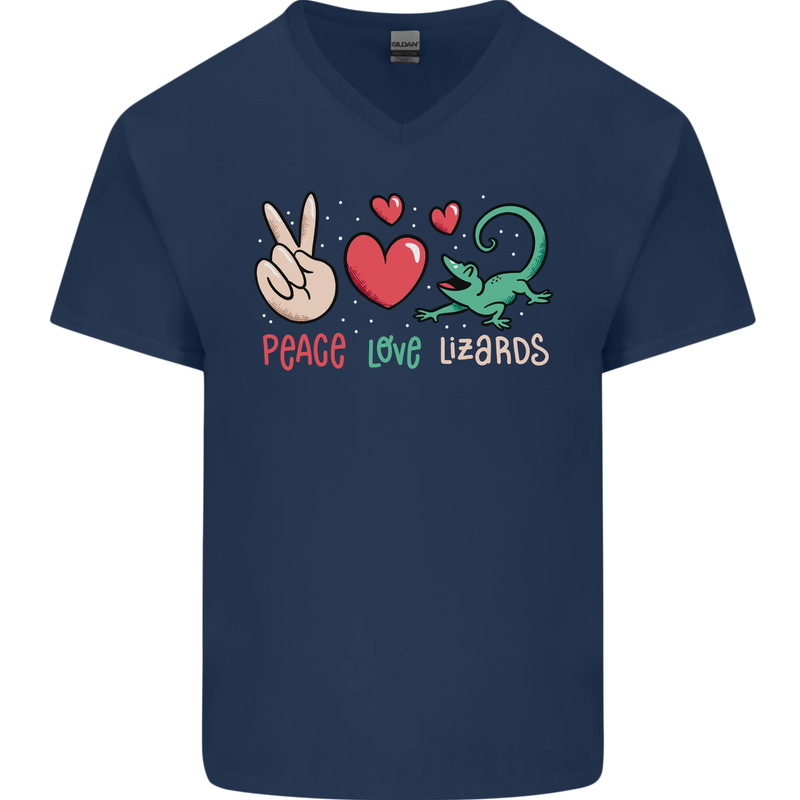 Peace Love Lizards Funny Gekko Iguana Mens V-Neck Cotton T-Shirt Navy Blue