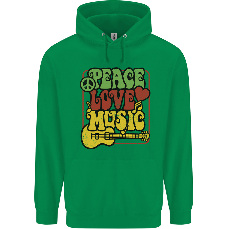 Peace Love Music Guitar Hippy Flower Power Childrens Kids Hoodie Irish Green