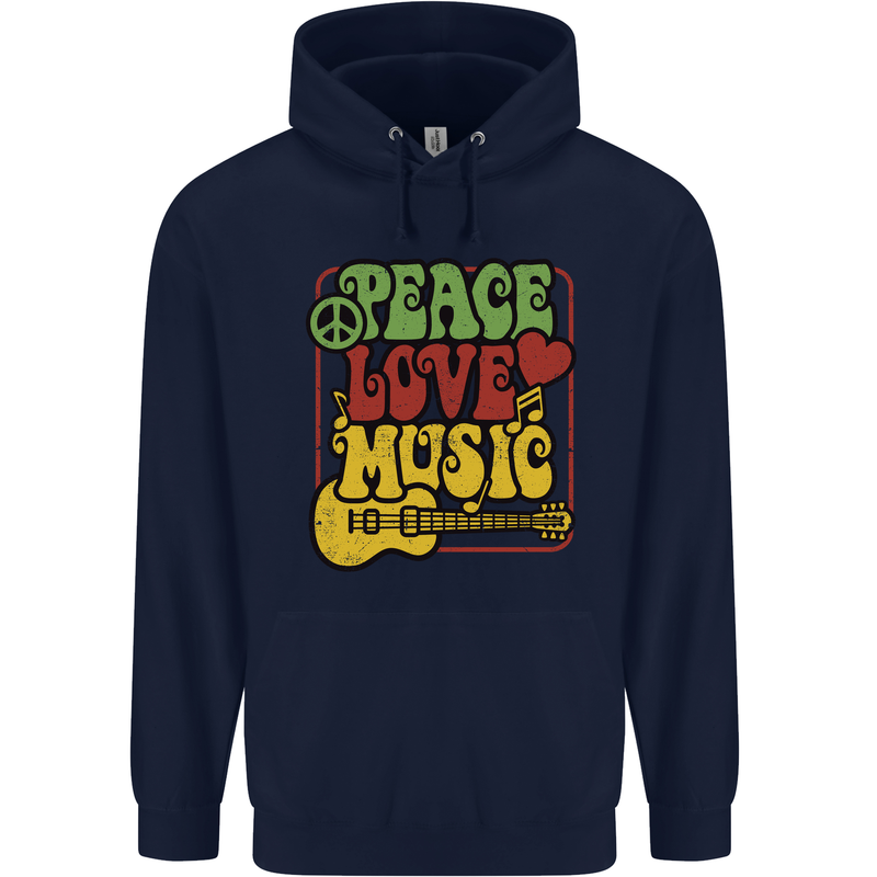 Peace Love Music Guitar Hippy Flower Power Childrens Kids Hoodie Navy Blue