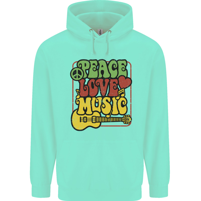 Peace Love Music Guitar Hippy Flower Power Childrens Kids Hoodie Peppermint