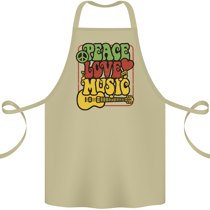 Peace Love Music Guitar Hippy Flower Power Cotton Apron 100% Organic Khaki