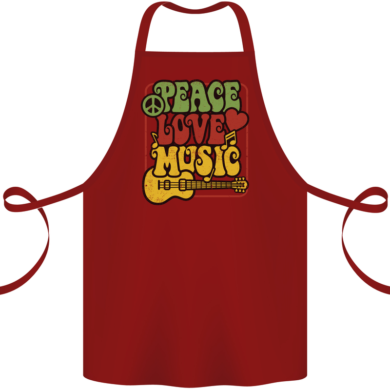 Peace Love Music Guitar Hippy Flower Power Cotton Apron 100% Organic Maroon