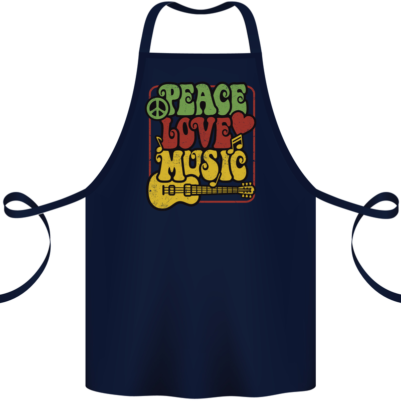 Peace Love Music Guitar Hippy Flower Power Cotton Apron 100% Organic Navy Blue
