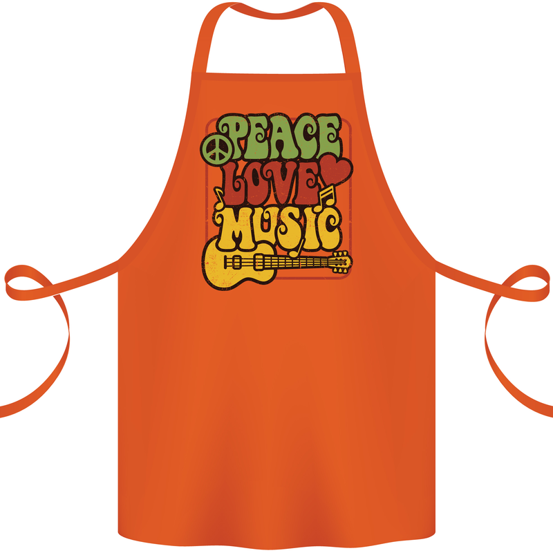Peace Love Music Guitar Hippy Flower Power Cotton Apron 100% Organic Orange