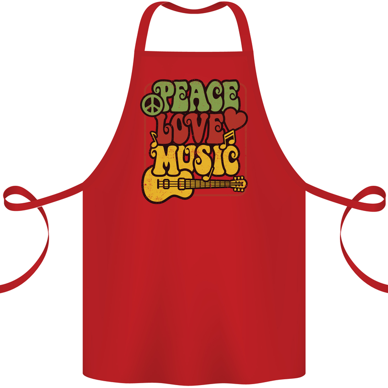 Peace Love Music Guitar Hippy Flower Power Cotton Apron 100% Organic Red