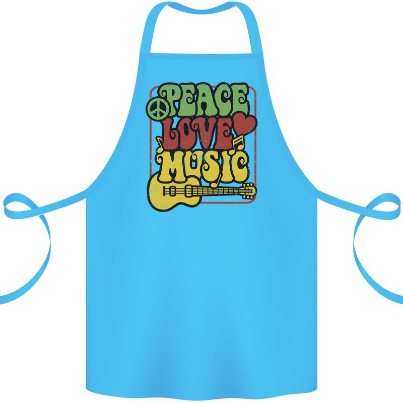 Peace Love Music Guitar Hippy Flower Power Cotton Apron 100% Organic Turquoise