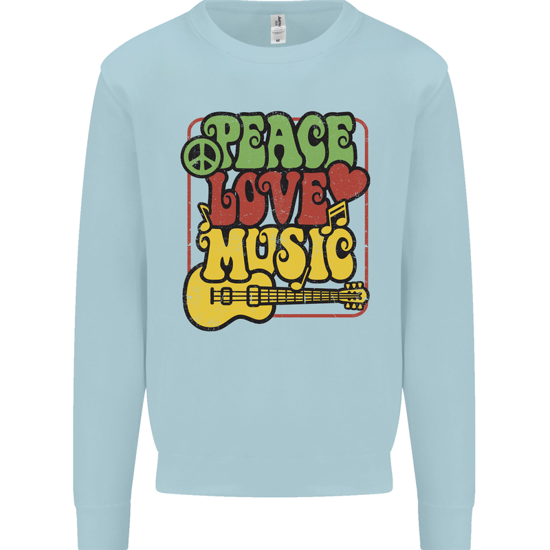 Peace Love Music Guitar Hippy Flower Power Kids Sweatshirt Jumper Light Blue