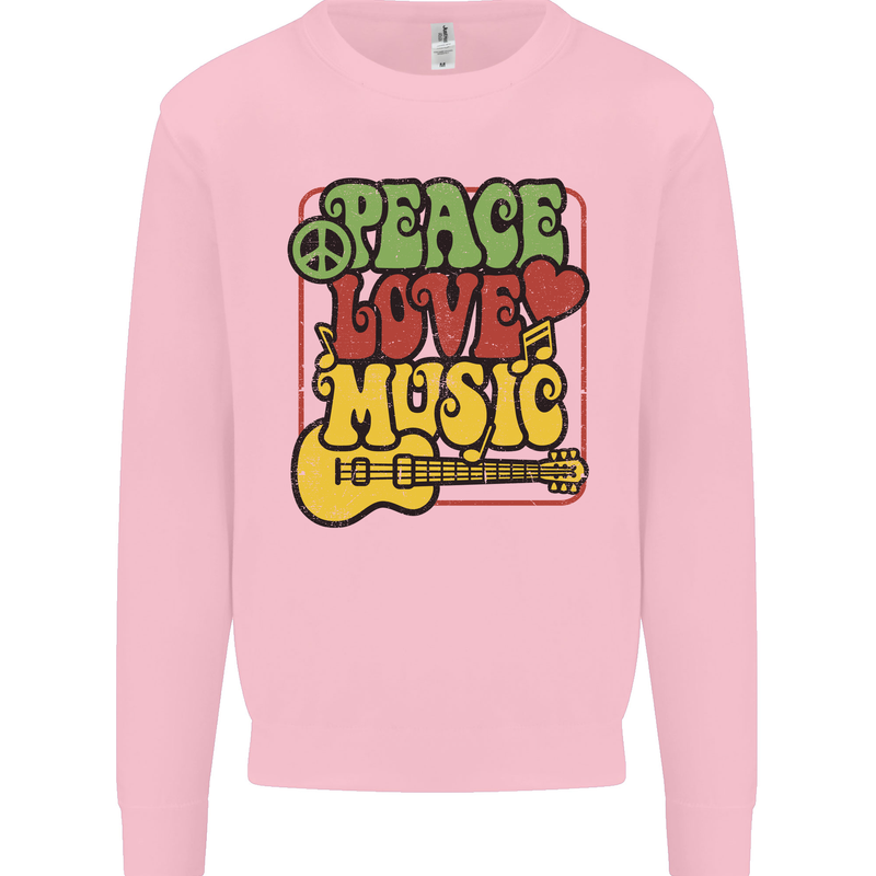 Peace Love Music Guitar Hippy Flower Power Kids Sweatshirt Jumper Light Pink