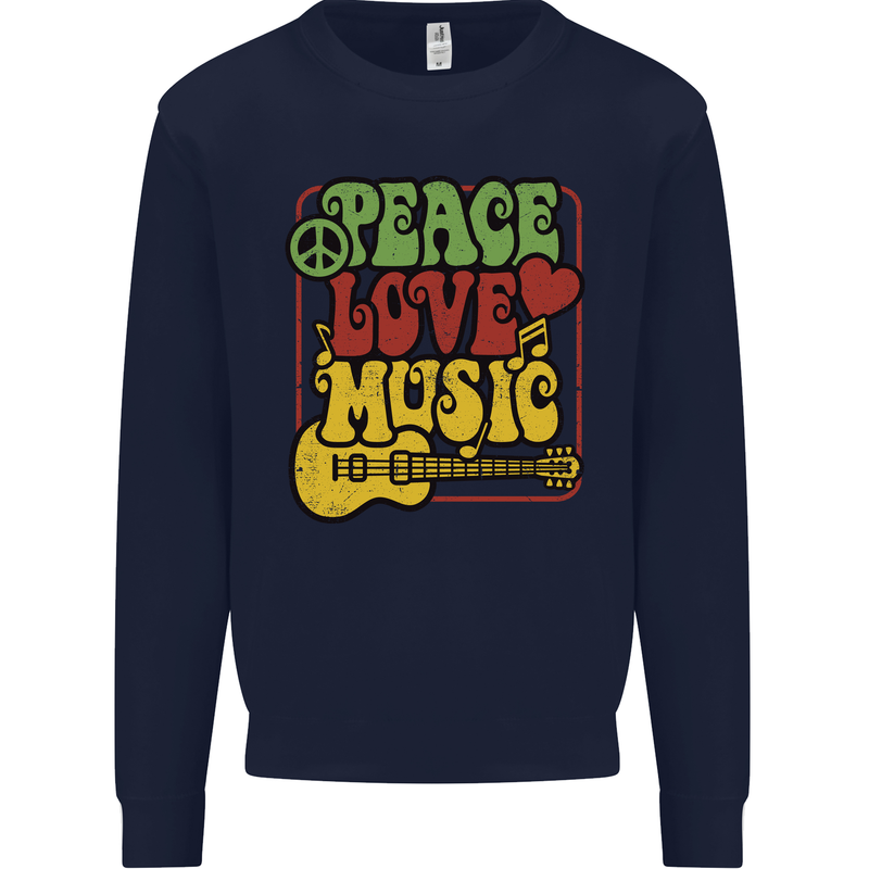 Peace Love Music Guitar Hippy Flower Power Kids Sweatshirt Jumper Navy Blue