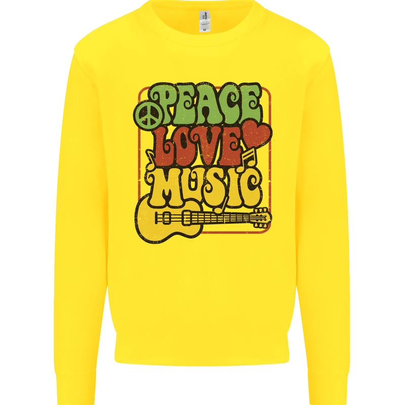 Peace Love Music Guitar Hippy Flower Power Kids Sweatshirt Jumper Yellow