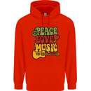 Peace Love Music Guitar Hippy Flower Power Mens 80% Cotton Hoodie Bright Red