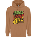 Peace Love Music Guitar Hippy Flower Power Mens 80% Cotton Hoodie Caramel Latte