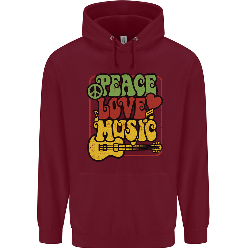 Peace Love Music Guitar Hippy Flower Power Mens 80% Cotton Hoodie Maroon