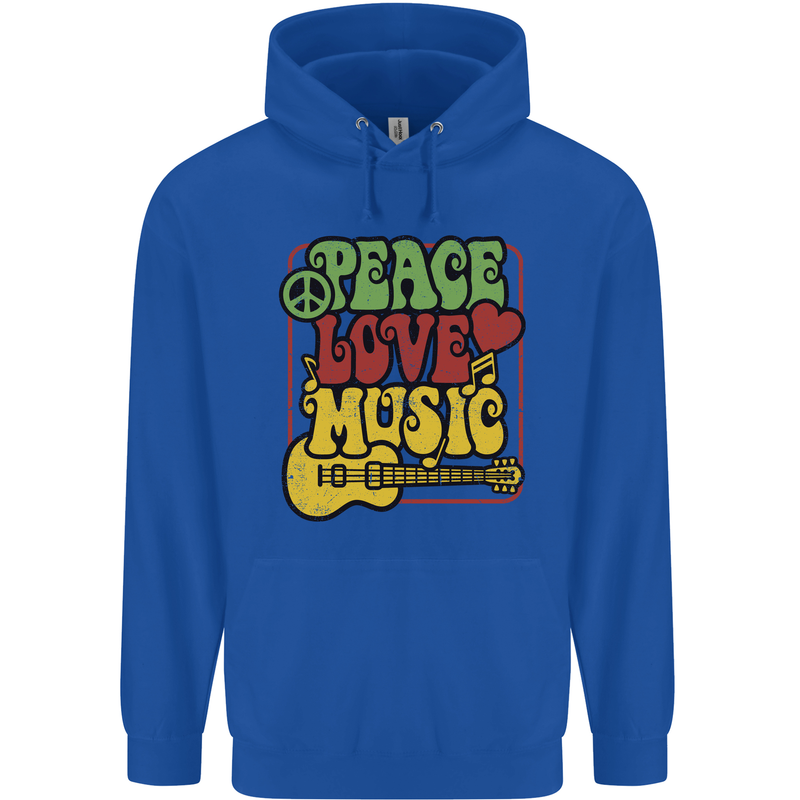 Peace Love Music Guitar Hippy Flower Power Mens 80% Cotton Hoodie Royal Blue