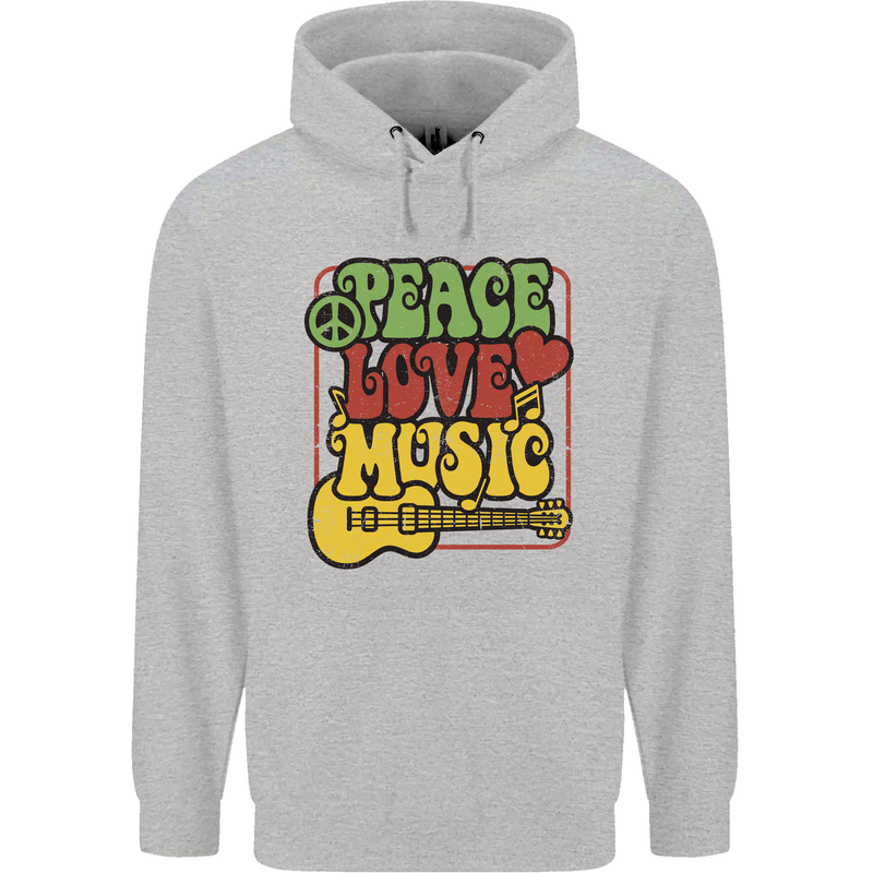 Peace Love Music Guitar Hippy Flower Power Mens 80% Cotton Hoodie Sports Grey