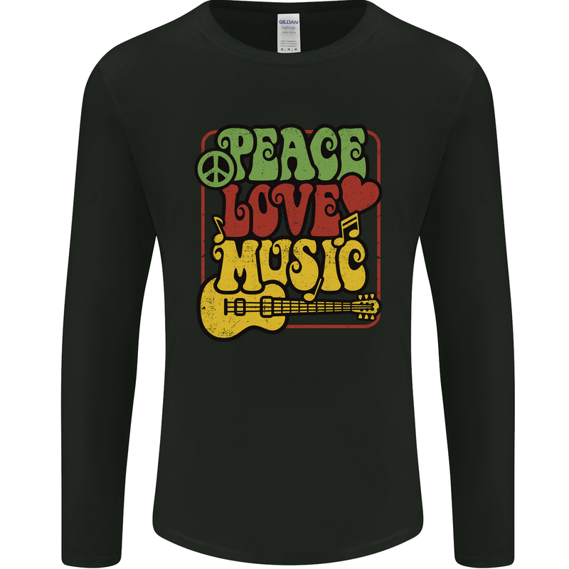 Peace Love Music Guitar Hippy Flower Power Mens Long Sleeve T-Shirt Black