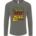 Peace Love Music Guitar Hippy Flower Power Mens Long Sleeve T-Shirt Charcoal