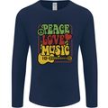 Peace Love Music Guitar Hippy Flower Power Mens Long Sleeve T-Shirt Navy Blue