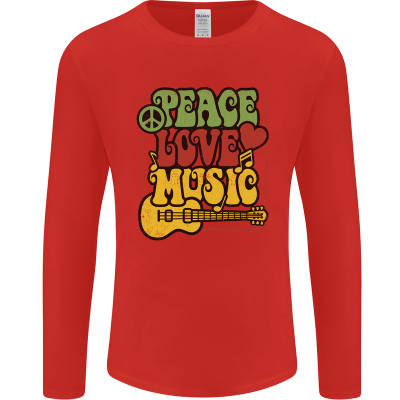 Peace Love Music Guitar Hippy Flower Power Mens Long Sleeve T-Shirt Red