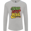 Peace Love Music Guitar Hippy Flower Power Mens Long Sleeve T-Shirt Sports Grey