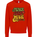 Peace Love Music Guitar Hippy Flower Power Mens Sweatshirt Jumper Bright Red
