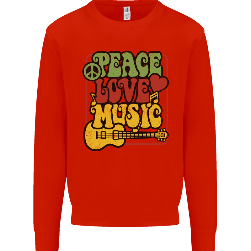 Peace Love Music Guitar Hippy Flower Power Mens Sweatshirt Jumper Bright Red