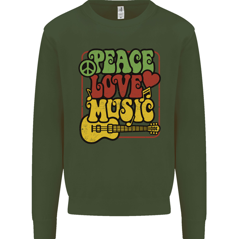 Peace Love Music Guitar Hippy Flower Power Mens Sweatshirt Jumper Forest Green