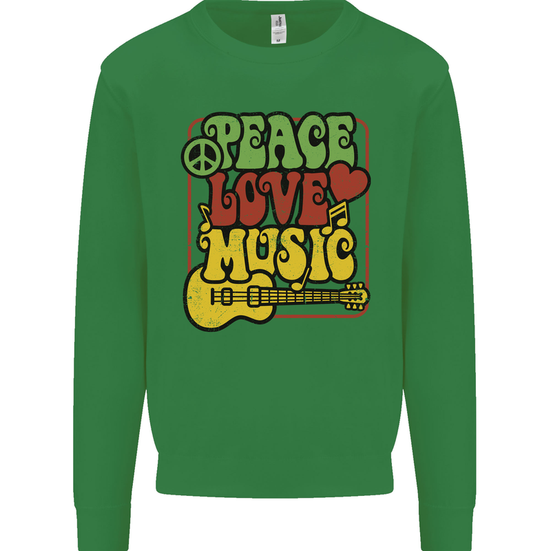 Peace Love Music Guitar Hippy Flower Power Mens Sweatshirt Jumper Irish Green