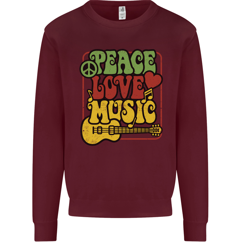 Peace Love Music Guitar Hippy Flower Power Mens Sweatshirt Jumper Maroon