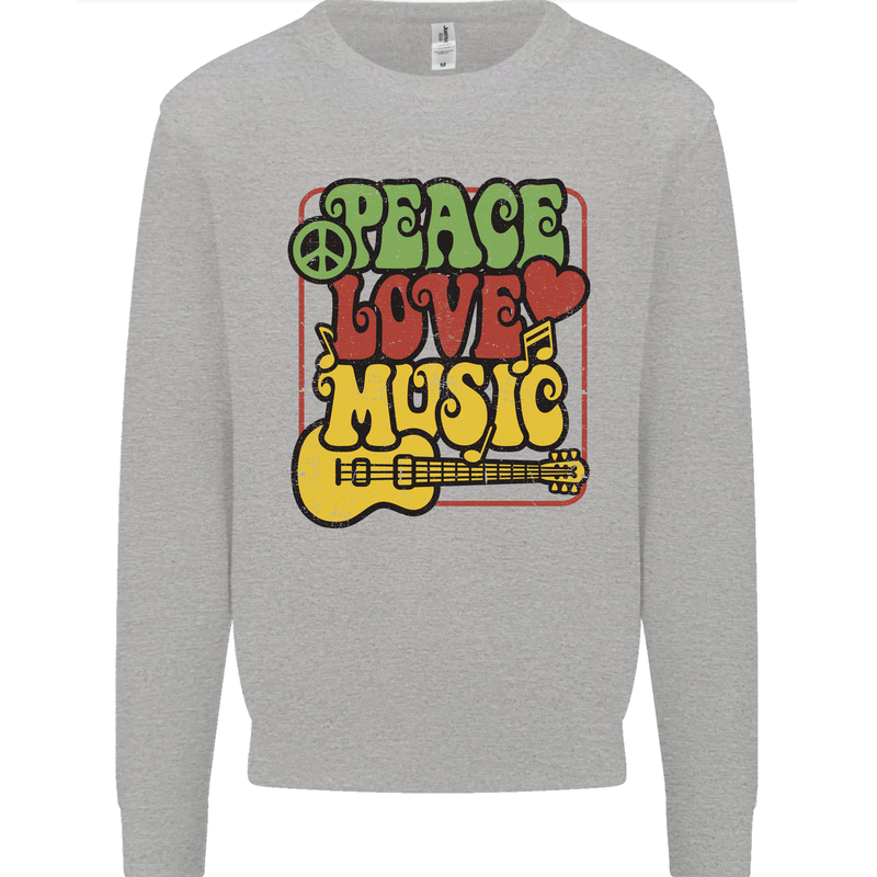Peace Love Music Guitar Hippy Flower Power Mens Sweatshirt Jumper Sports Grey