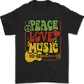 Peace Love Music Guitar Hippy Flower Power Mens T-Shirt 100% Cotton Black