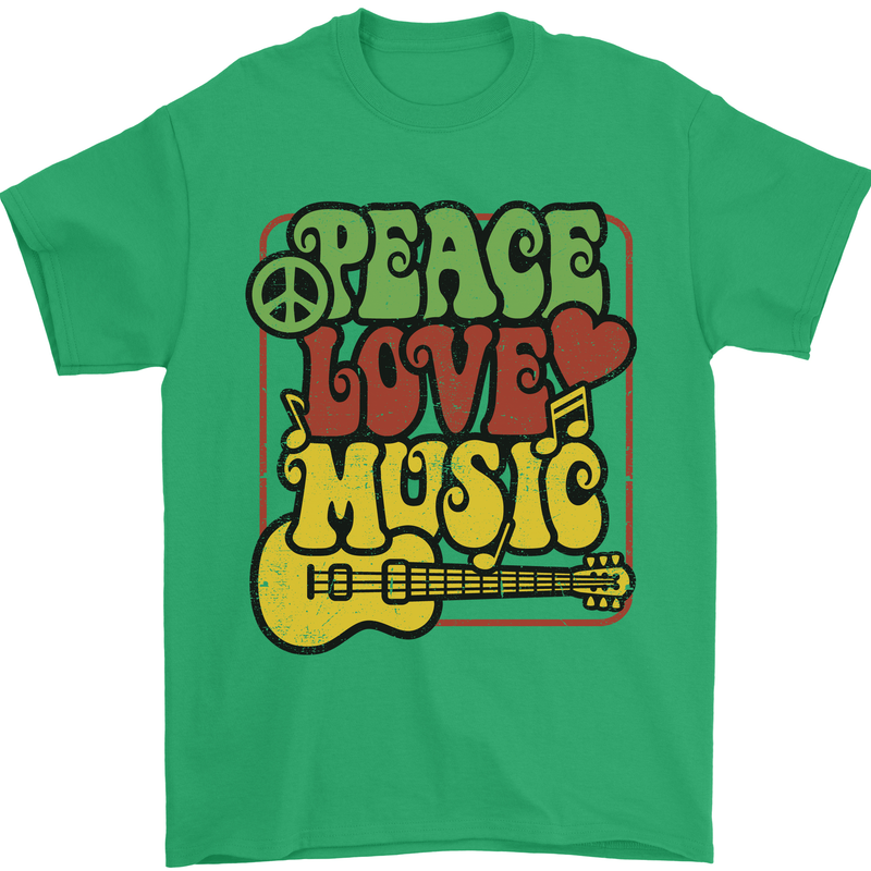 Peace Love Music Guitar Hippy Flower Power Mens T-Shirt 100% Cotton Irish Green