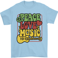 Peace Love Music Guitar Hippy Flower Power Mens T-Shirt 100% Cotton Light Blue