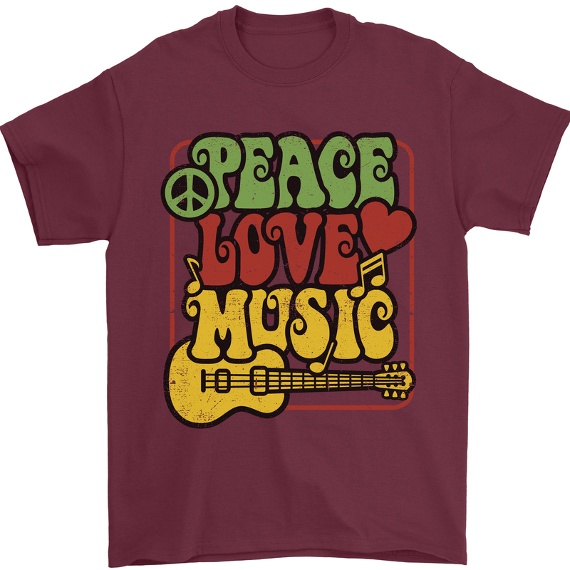 Peace Love Music Guitar Hippy Flower Power Mens T-Shirt 100% Cotton Maroon