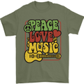 Peace Love Music Guitar Hippy Flower Power Mens T-Shirt 100% Cotton Military Green