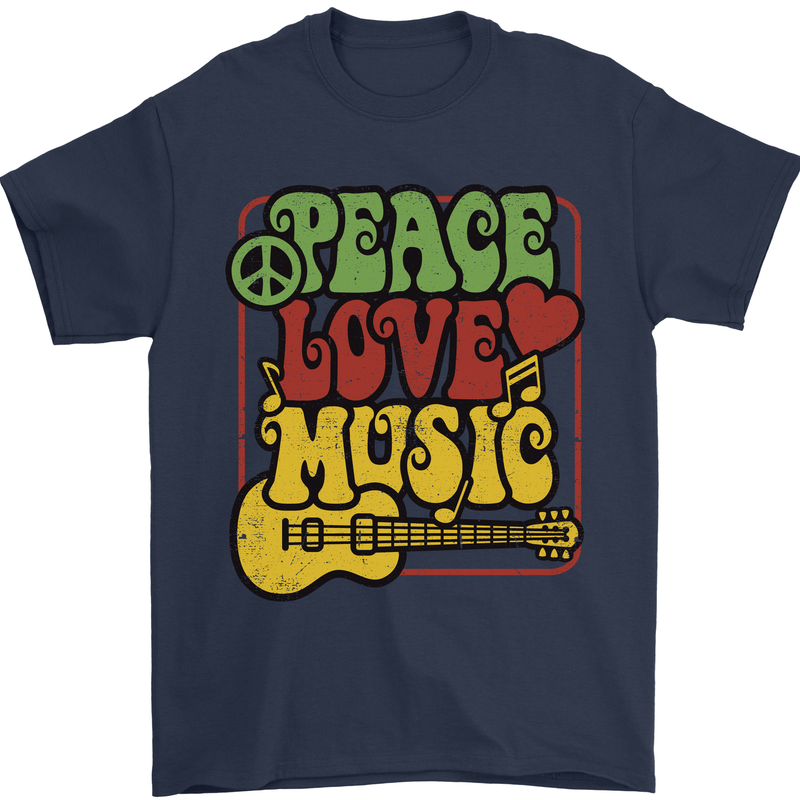 Peace Love Music Guitar Hippy Flower Power Mens T-Shirt 100% Cotton Navy Blue