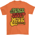 Peace Love Music Guitar Hippy Flower Power Mens T-Shirt 100% Cotton Orange