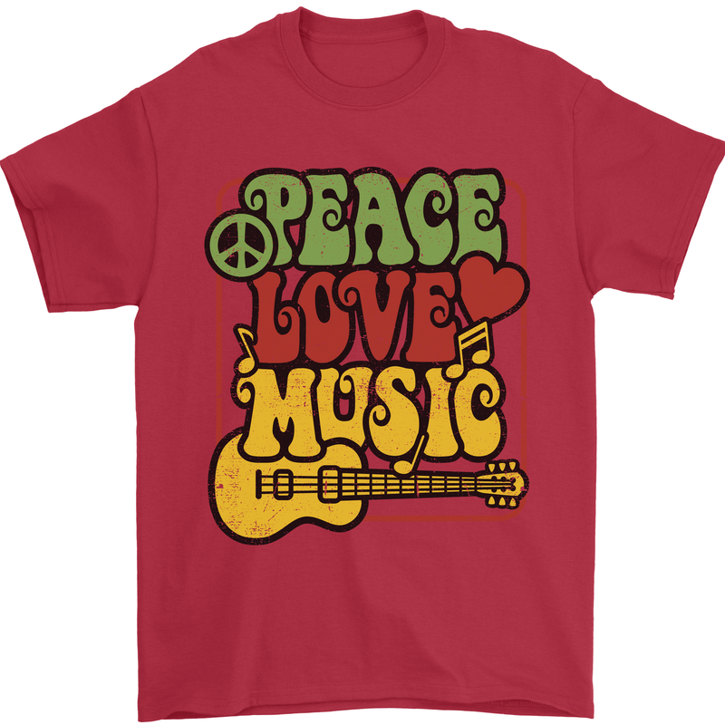 Peace Love Music Guitar Hippy Flower Power Mens T-Shirt 100% Cotton Red